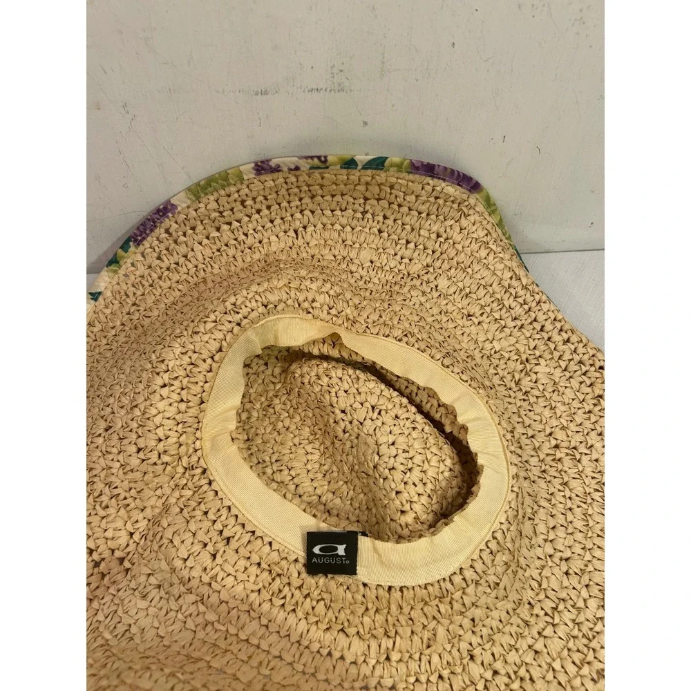August Straw Sun Hat OS Tan Floral Trim Wide Brim Flower Accent Womens